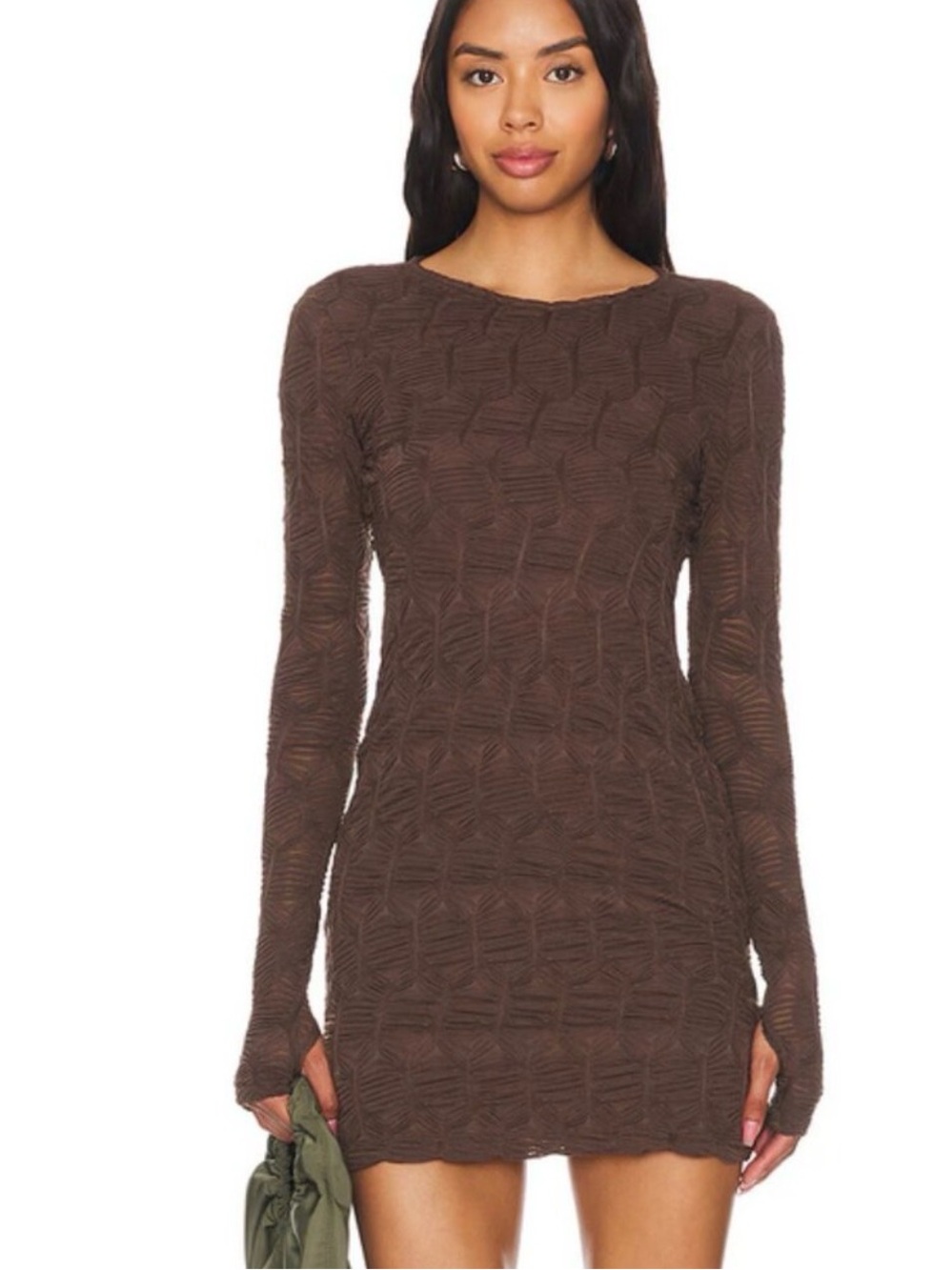 Free People Paulie Textured Open Back Mini Dress Brown M Bodycon Long Sleeve